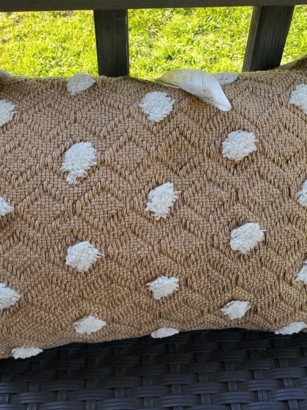 Textured Tan Lumbar Throw Pillow with White Tufted Dots